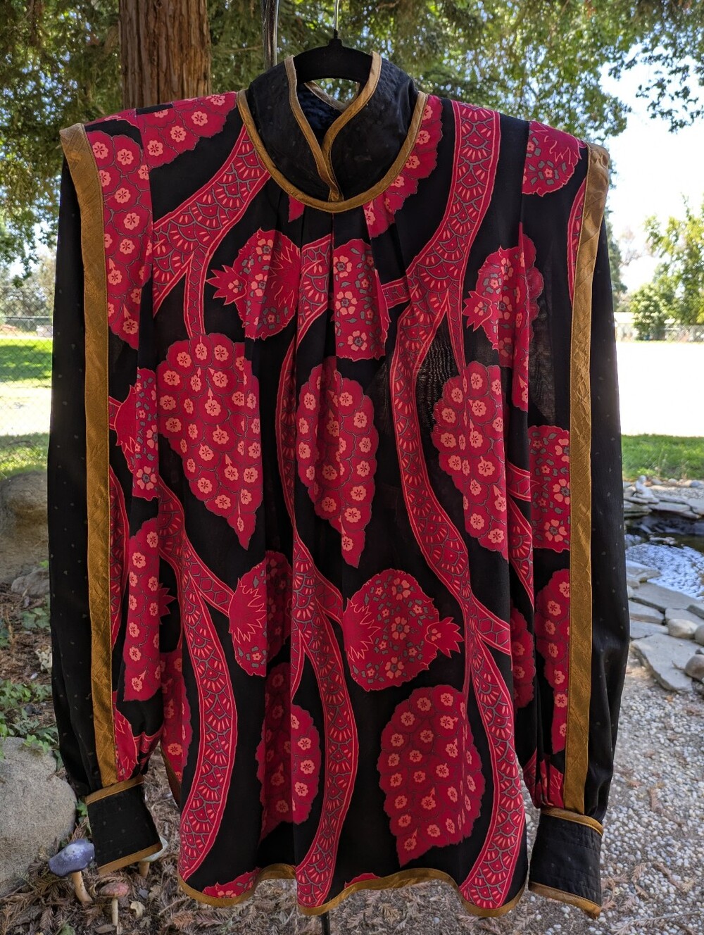 Jeanne Marc 80's Button-Down Blouse with Bold Fuchsia Floral Print and Gold Trim